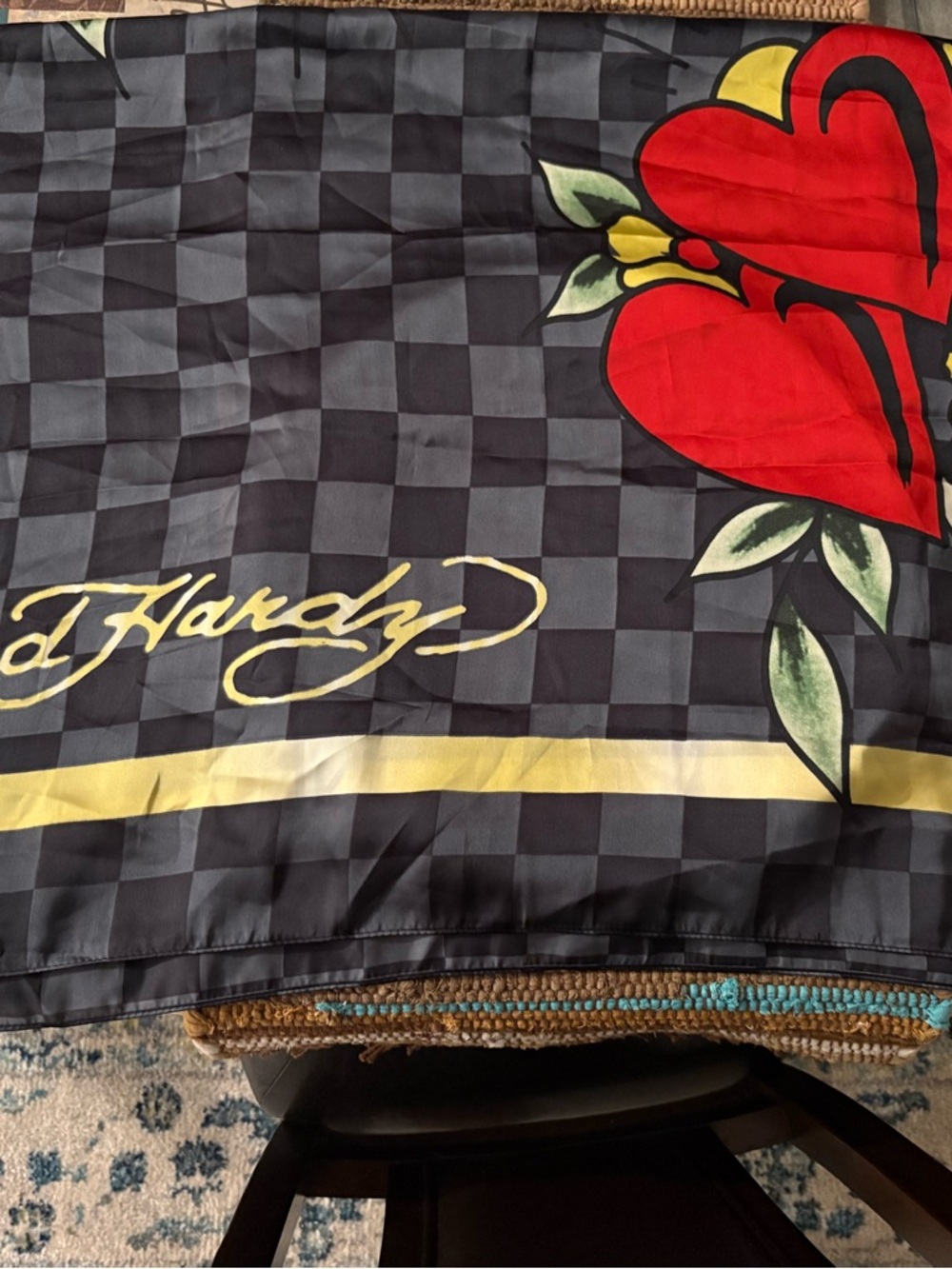 Ed Hardy Black and Yellow Checkered Silk Scarf with Signature Logo